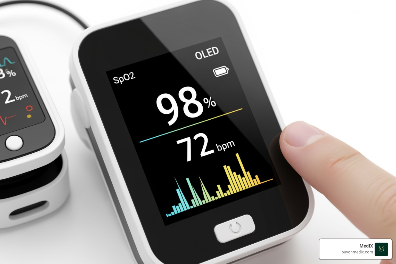 high definition OLED display showing clear SpO2 and pulse rate readings with a pulse bar graph - pulse oximeter for sale high definition OLED display showing clear SpO2 and pulse rate readings with a pulse bar graph - pulse oximeter for sale