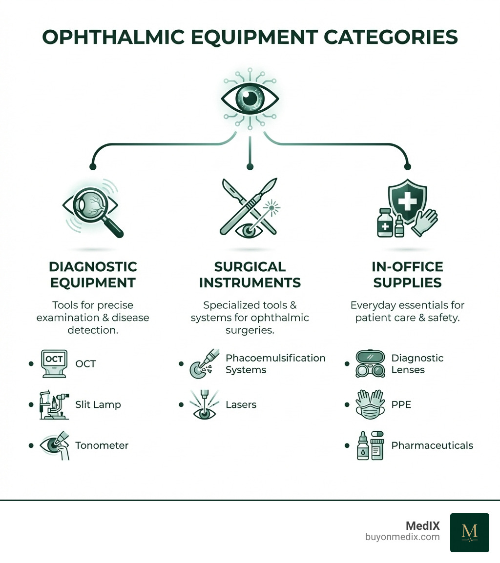 Infographic illustrating main categories: Diagnostic, Surgical, and In-Office equipment - Ophthalmic equipment suppliers infographic 