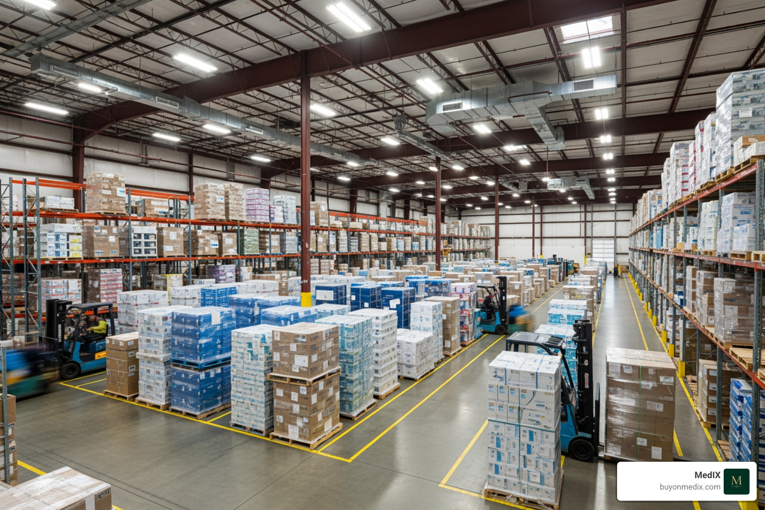 IMEC's 150,000-square-foot warehouse in North Andover, MA, filled with pallets of equipment - international medical equipment collaborative