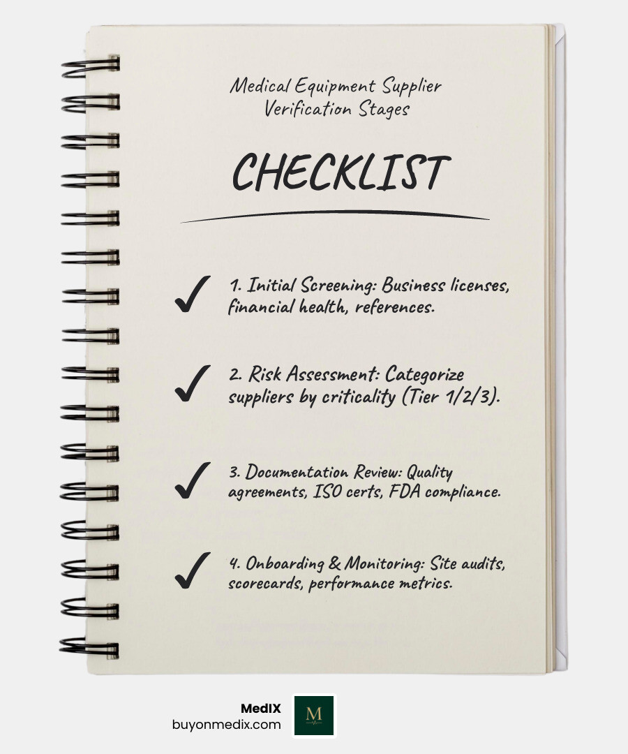 Infographic showing the 5 key stages of medical equipment supplier verification: Stage 1 - Initial Screening (business licenses, financial health, references), Stage 2 - Risk Assessment (categorize as Tier 1/2/3 based on criticality), Stage 3 - Documentation Review (quality agreements, ISO certs, FDA compliance), Stage 4 - Onboarding Audit (site visits, process verification), Stage 5 - Ongoing Monitoring (scorecards, scheduled audits, performance metrics) - medical equipment supplier verification infographic checklist-notebook