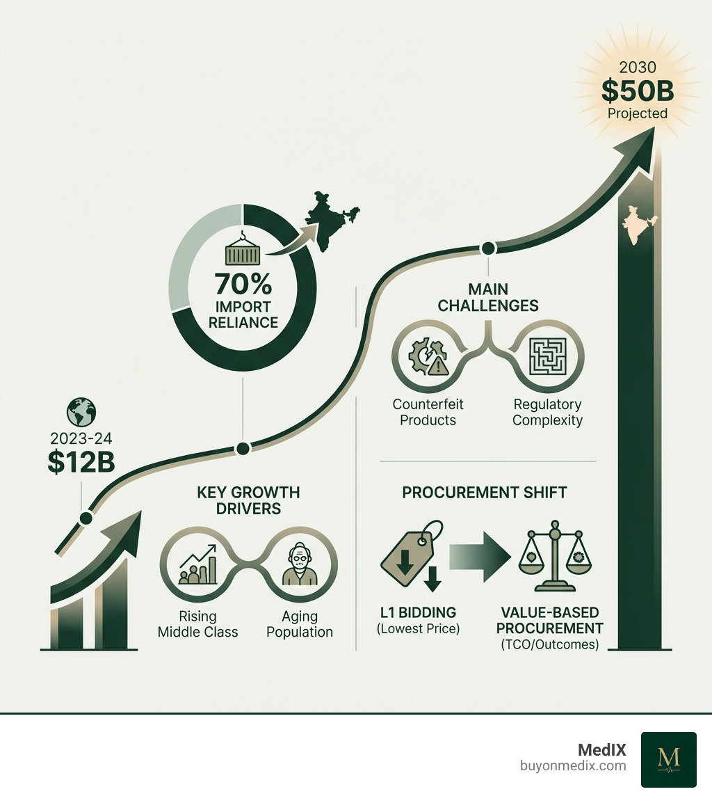 Infographic showing India's medical device market growth from $12B to $50B by 2030, with breakdown of 70% import reliance, key growth drivers including rising middle class and aging population, main challenges including counterfeit products and regulatory complexity, and the shift from L1 bidding to Value-Based Procurement - medical equipment procurement in India infographic Infographic showing India's medical device market growth from $12B to $50B by 2030, with breakdown of 70% import reliance, key growth drivers including rising middle class and aging population, main challenges including counterfeit products and regulatory complexity, and the shift from L1 bidding to Value-Based Procurement - medical equipment procurement in India infographic