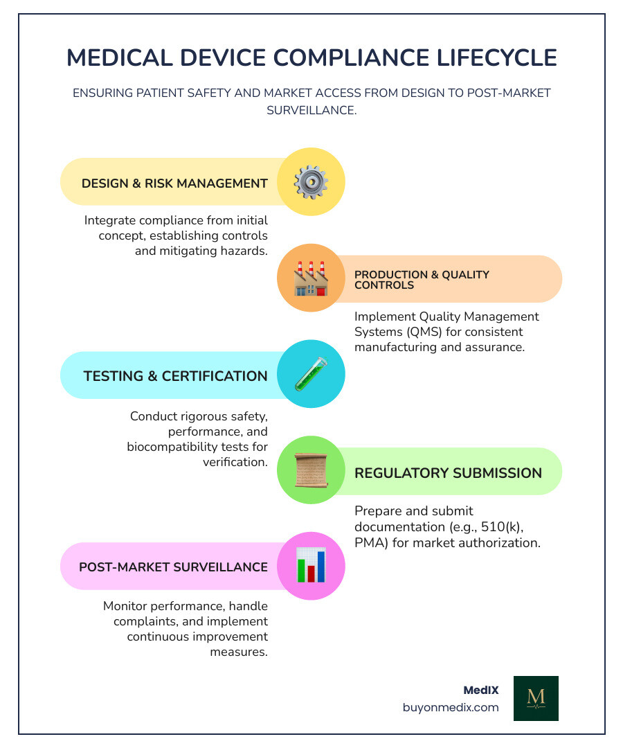 Infographic showing the medical device compliance lifecycle from design controls and risk management through production, testing and certification, regulatory submission, market approval, to post-market surveillance and continuous improvement - medical equipment compliance infographic infographic-line-5-steps-colors Infographic showing the medical device compliance lifecycle from design controls and risk management through production, testing and certification, regulatory submission, market approval, to post-market surveillance and continuous improvement - medical equipment compliance infographic infographic-line-5-steps-colors