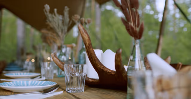 Tafel gedekt met glazen, borden en servetten, met hertengeweien als decoratie in een bosrijke omgeving.