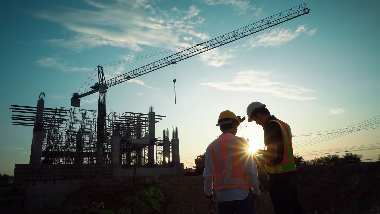 Two construction workers in safety gear at a building site during sunset with a crane overhead.