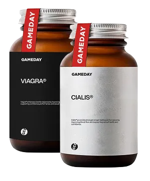 Two Gameday Men’s Health prescription bottles labeled Viagra and Cialis used for erectile dysfunction treatment.