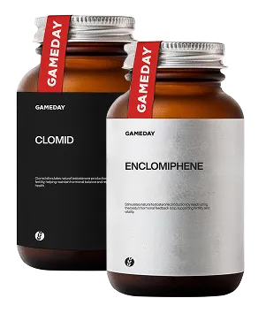 Two prescription bottles side by side, one containing Clomid and the other Enclomiphene, representing medically guided treatments for low testosterone levels at Gameday Men's Health.