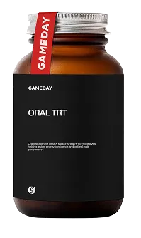 Oral testosterone therapy bottle labled Kyzatrex, highlighting non-invasive alternatives to injections for men managing low testosterone levels and optimizing wellness at Gameday Men's Health.