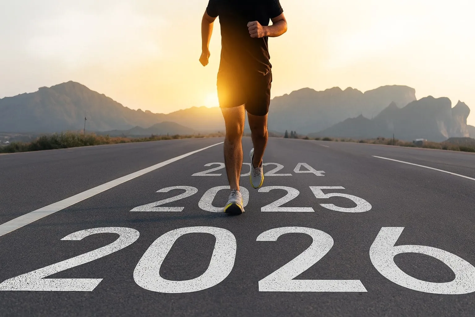 A man running toward the future with the years 2024, 2025, and 2026 on the road, symbolizing progress in testosterone therapy as he moves toward improved health supported by a TRT clinic.