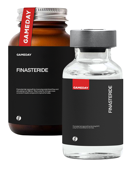 Finasteride treatment bottles representing oral and topical solutions for men’s hair loss at Gameday Men’s Health