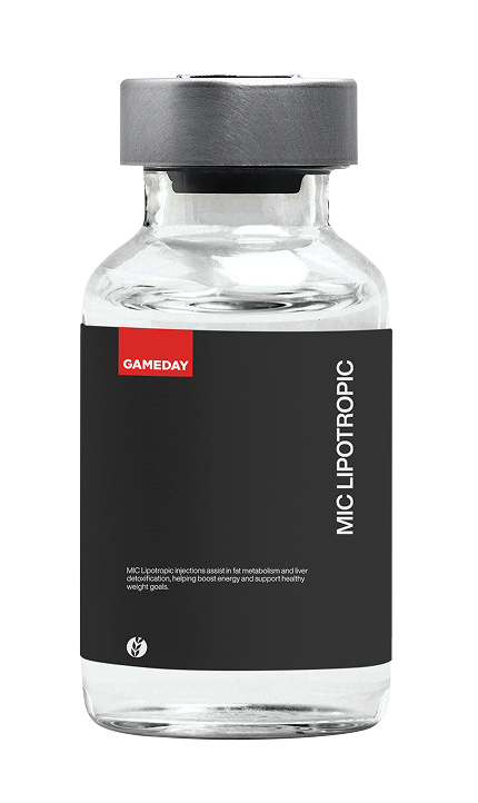 Vial of MIC Lipotropic and B12 injection used for metabolism support and fat-burning treatment at Gameday Men’s Health.