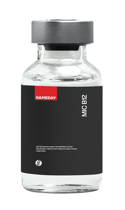 Vial of MIC B12 injection used for metabolism support and fat-burning treatment at Gameday Men’s Health.