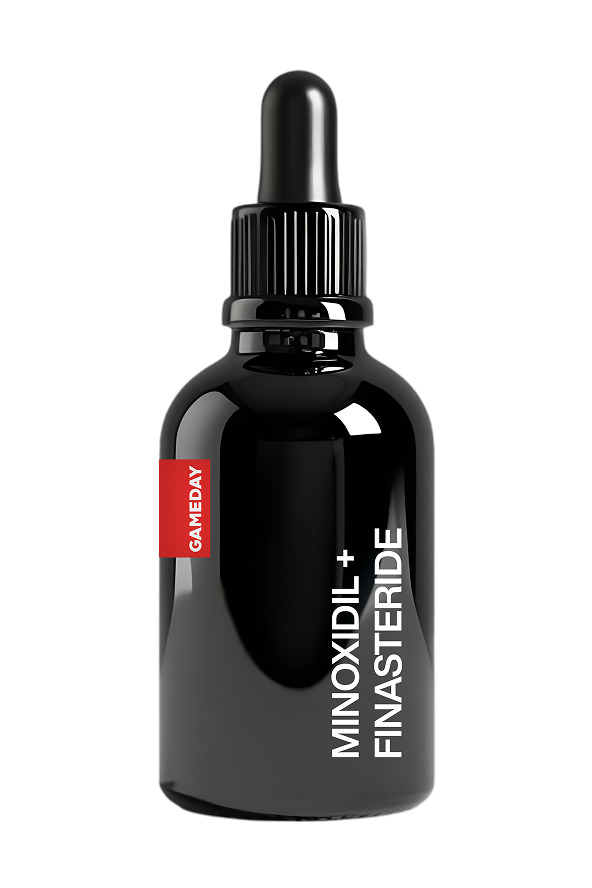 Minoxidil + Finasteride treatment bottle representing oral solution for men’s hair loss at Gameday Men’s Health