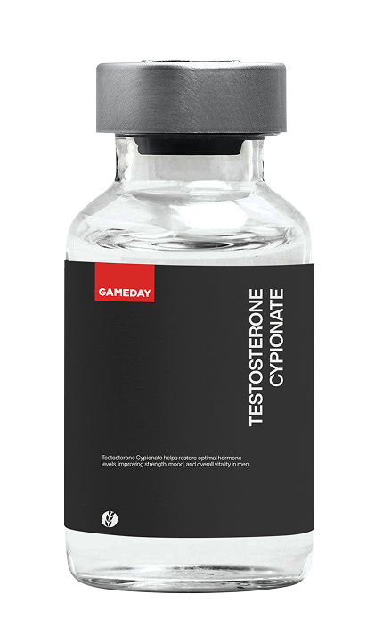 Close-up of a bottle of Testosterone Cypionate, a long-acting injectable testosterone medication prescribed to men seeking to restore hormone balance, energy, and vitality at Gameday Men's Health.