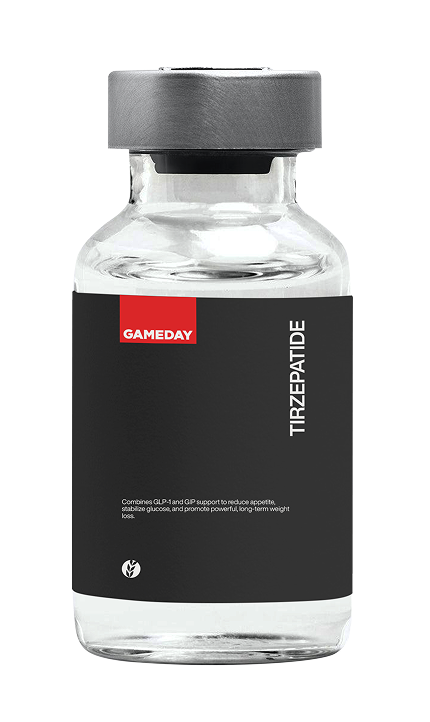 Gameday Men’s Health Tirzepatide injection vial designed for medical weight loss, appetite control, improved metabolic health, and long-term weight management support.