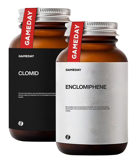 Two prescription bottles side by side, one containing Clomid and the other Enclomiphene, representing medically guided treatments for low testosterone levels at Gameday Men's Health.