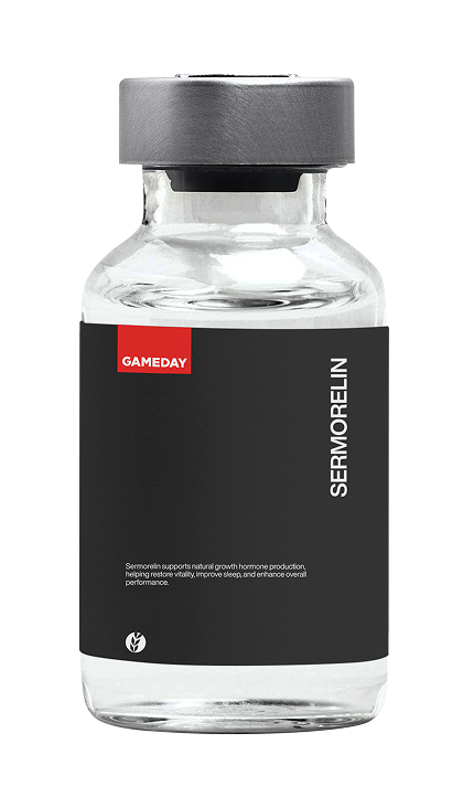 Close-up of a Sermorelin peptide injection vial prepared for supervised treatment at Gameday Men’s Health in Syracuse, NY.
