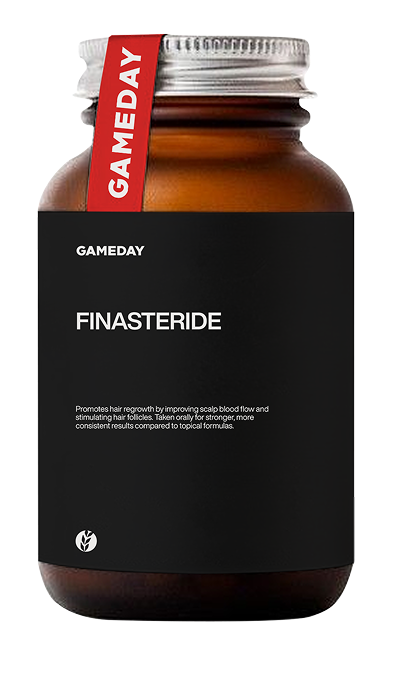 Finasteride medication bottle displayed for clinical use, representing prescription treatment provided through Finasteride in Des Moines at Gameday Men’s Health