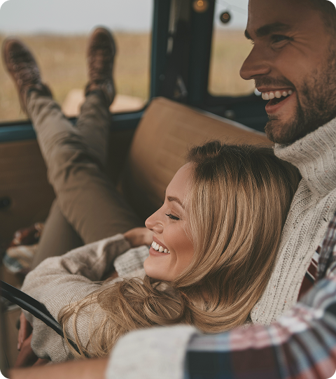 Man and woman enjoying a conversation together in a car, symbolizing connection and everyday confidence associated with Trimix Injections in Toronto at Gameday Men’s Health