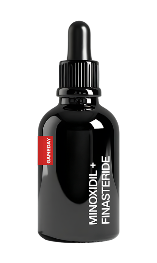 Close-up of a Minoxidil and Finasteride medication bottle, illustrating prescription-based hair care associated with Minoxidil + Finasteride in Ontario at Gameday Men’s Health