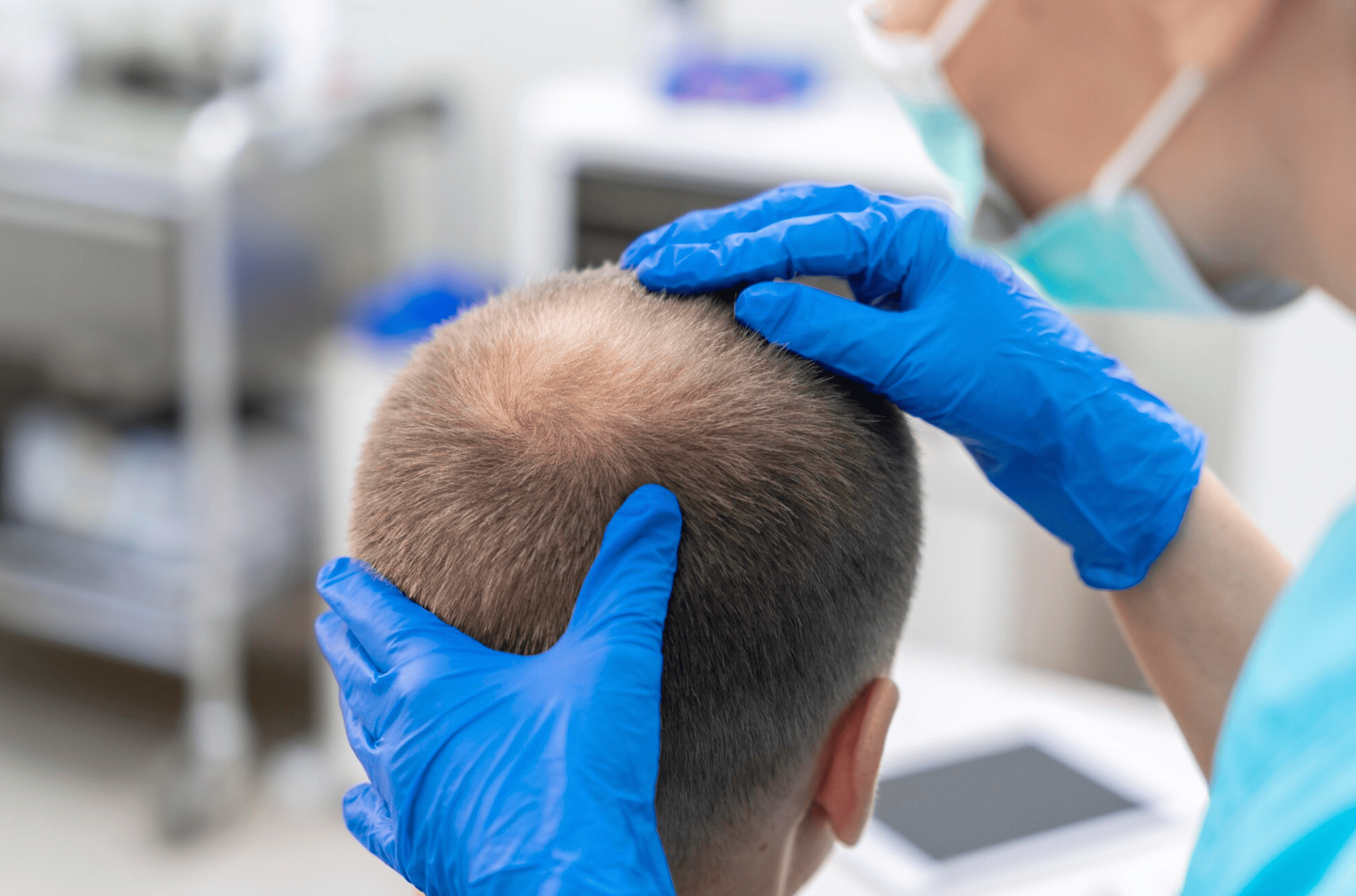 Medical professional checking scalp and hairline during consultation, illustrating how finasteride may support hair restoration