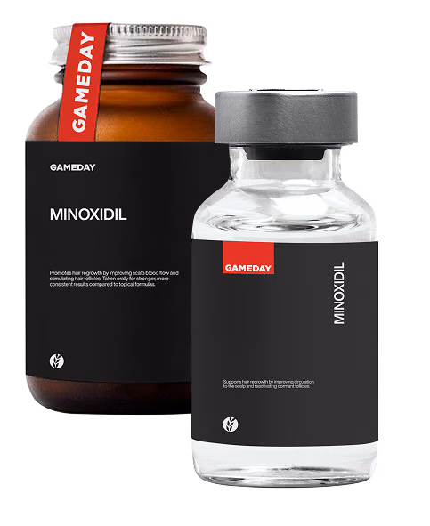 Minoxidil treatment bottles representing oral and topical solutions for men’s hair loss at Gameday Men’s Health