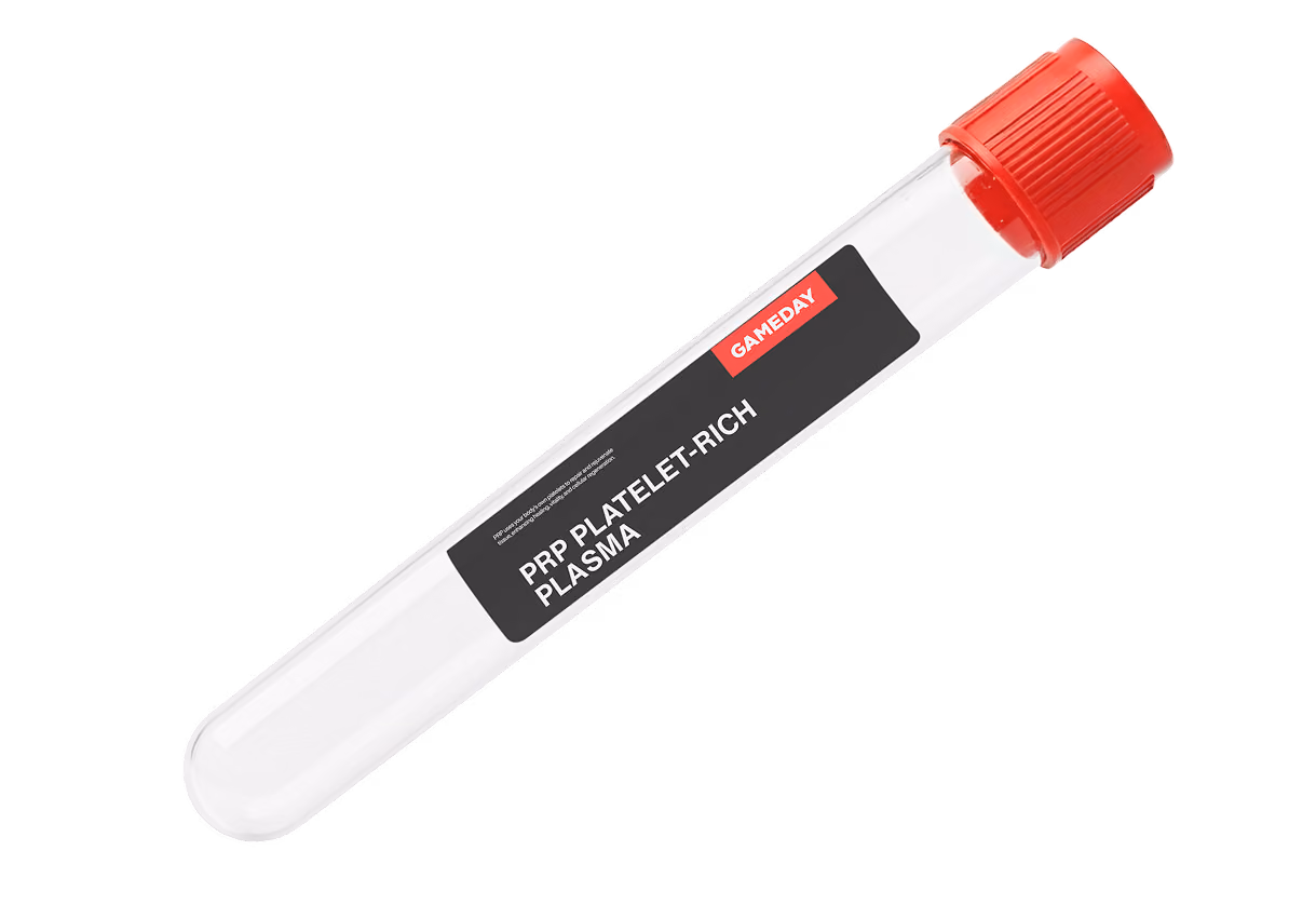 Gameday Men’s Health PRP collection tube used to prepare platelet-rich plasma for hair restoration treatments that support hair growth, strengthen follicles, and reduce thinning in Edwardsville, IL.