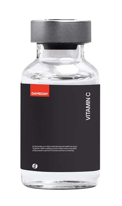 Close-up of a Vitamin C injectable vial prepared for clinician-guided wellness treatment in Leesburg, FL.