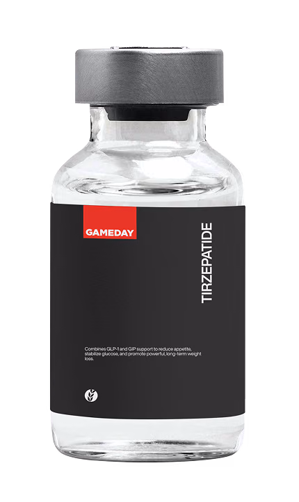 Gameday Men’s Health Tirzepatide injection vial designed for medical weight loss, appetite control, improved metabolic health, and long-term weight management support.