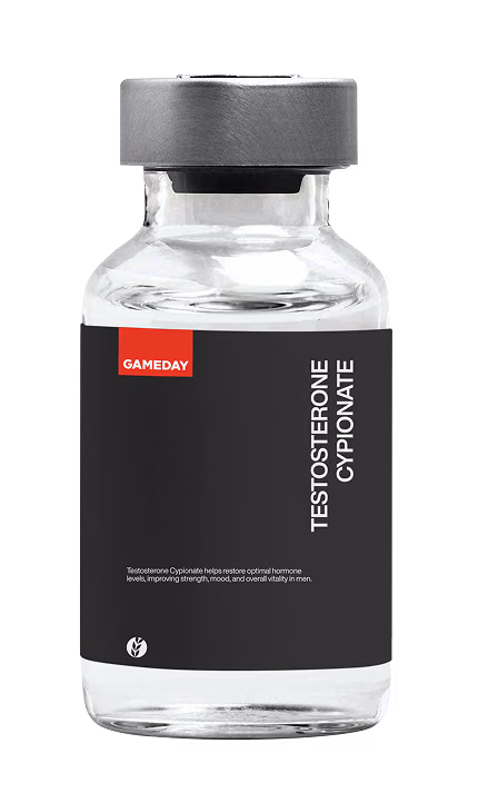 Close-up of a Testosterone Cypionate injection bottle used for clinician-guided testosterone therapy at Gameday Men’s Health in Elmhurst, Illinois.