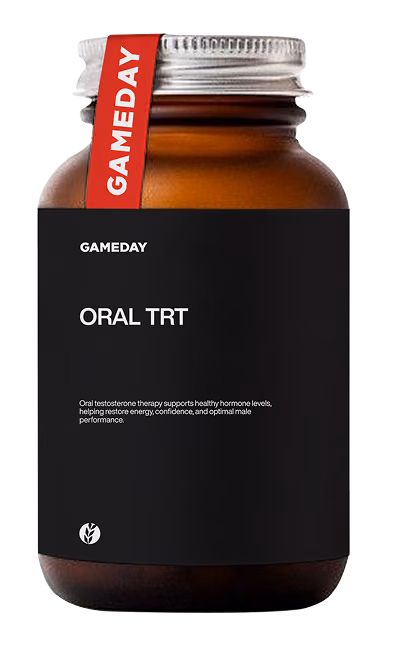 Oral testosterone therapy bottle labeled Kyzatrex, highlighting non-invasive alternatives to injections for men managing low testosterone levels and optimizing wellness at Gameday Men's Health.