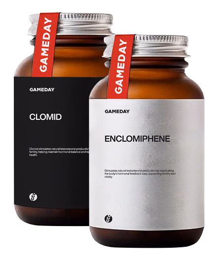 Close-up of Clomid and Enclomiphene prescription bottles prepared for supervised hormone support treatment in Elmhurst, Illinois.