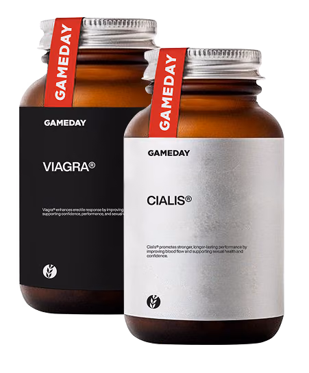 Bottles of Viagra and Cialis used for erectile dysfunction treatment in Edwardsville, IL, offered as part of personalized care plans at Gameday Men’s Health.