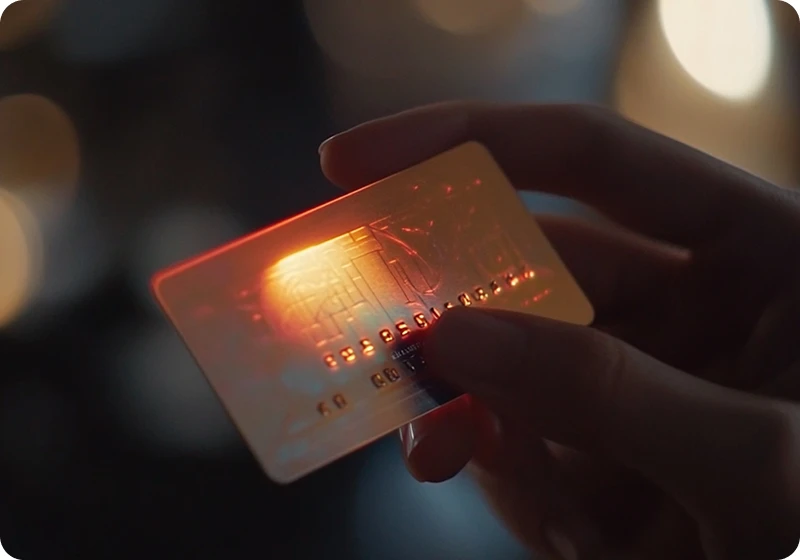 Hand holding a translucent credit card illuminated by warm light with embossed numbers visible.