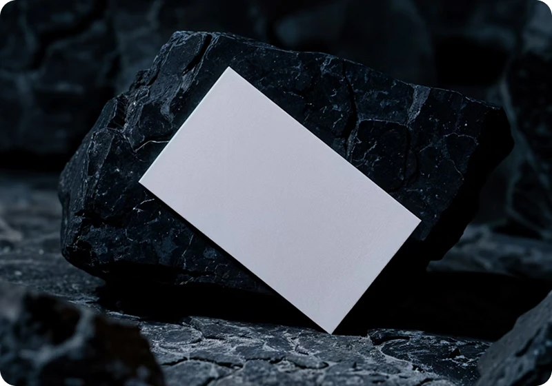 Blank white rectangular card placed diagonally on a large irregular black rock with smaller rocks around on a textured dark surface.