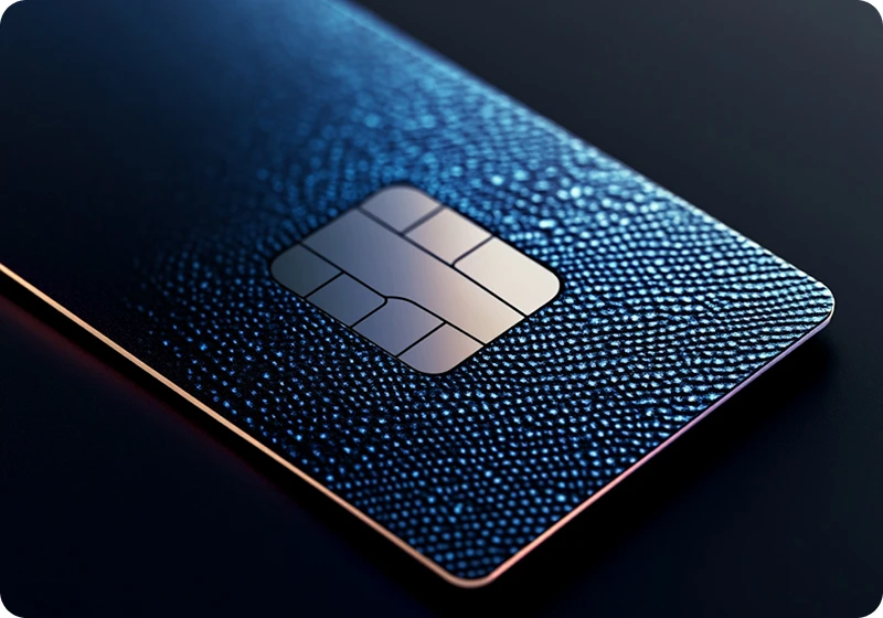Close-up of a blue textured credit card with a visible embedded chip on a dark surface.