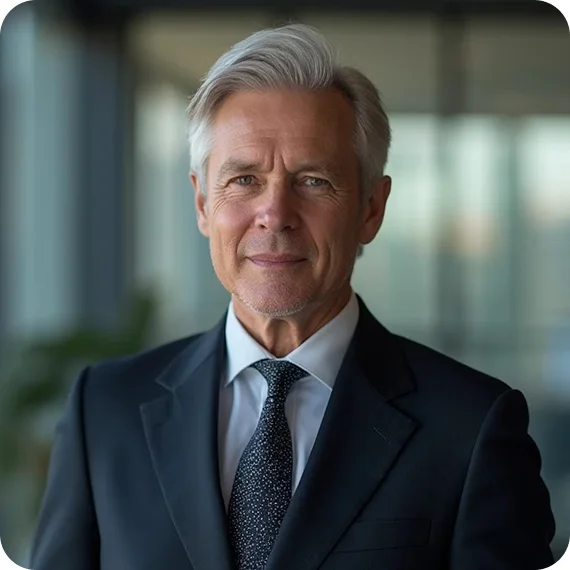 Smiling middle-aged man with gray hair wearing a dark suit and patterned tie in an office setting.