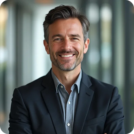 Smiling middle-aged man with gray hair and beard wearing a dark blazer and light blue shirt with arms crossed in an office hallway.