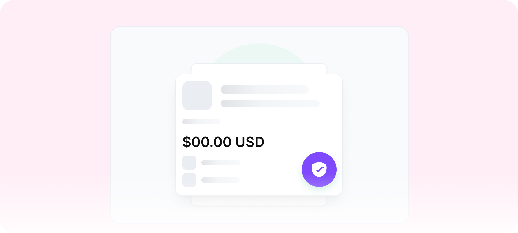 User interface card showing $00.00 USD with a purple shield icon containing a check mark.