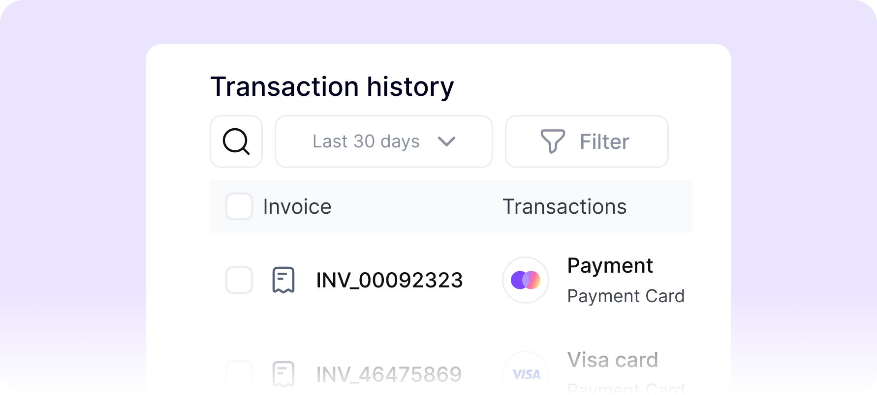 Transaction history interface showing an invoice INV_00092323 with a Payment Card transaction.