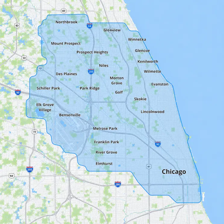 Fast&Furnish service area map in Chicago and North Shore suburbs