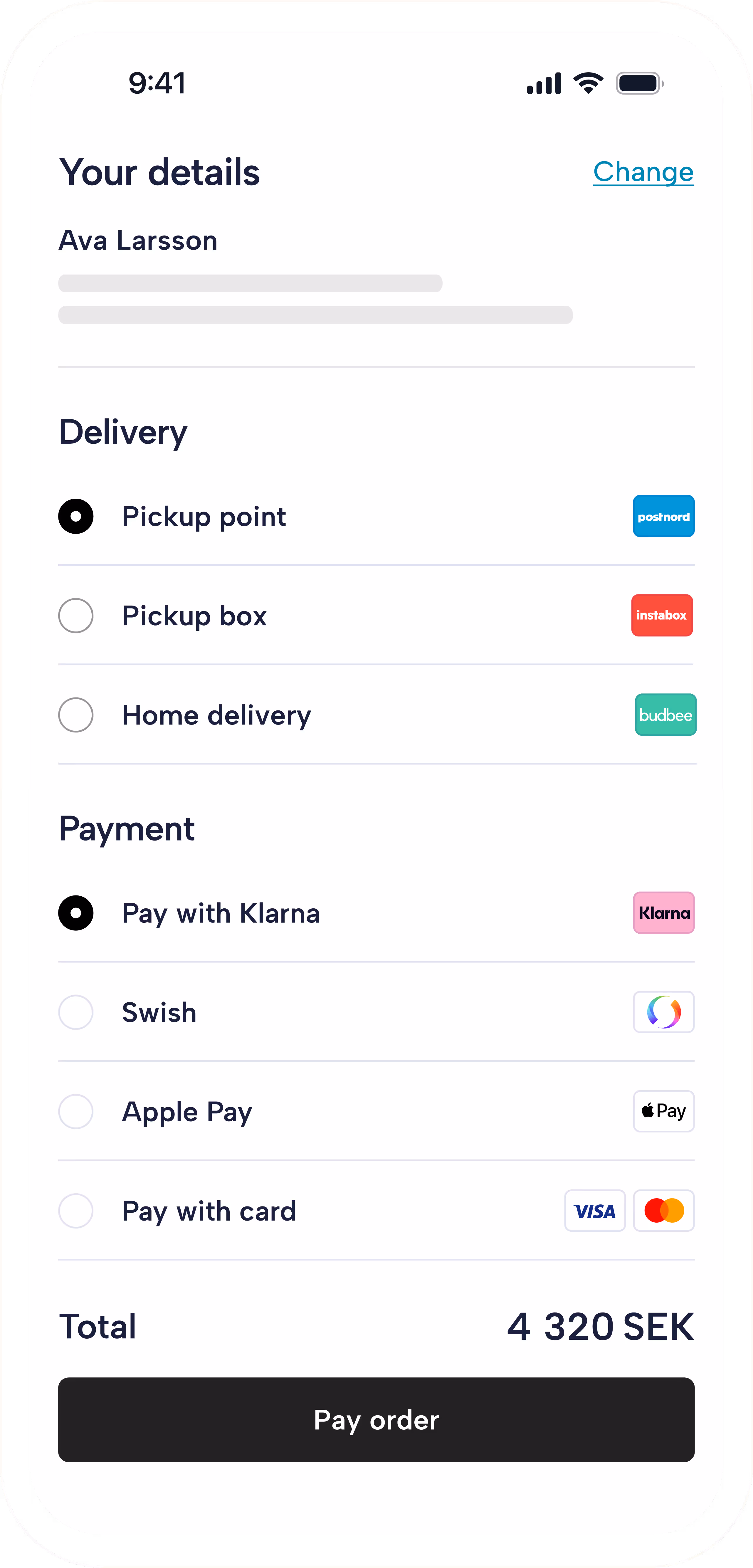 Mobile checkout screen showing user details, delivery options with Pickup point selected, payment methods with Pay with Klarna selected, and total price of 4,320 SEK with a Pay order button.