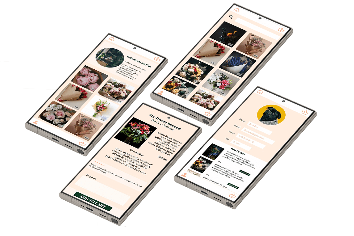 Mockups of Florals 4 U app displayed on smartphones