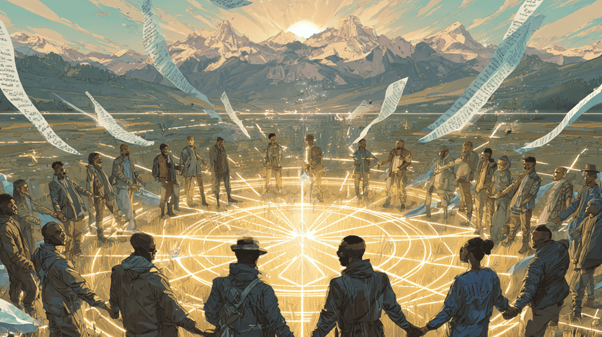 Mountains covered in clouds and a connected electric orange network node mesh