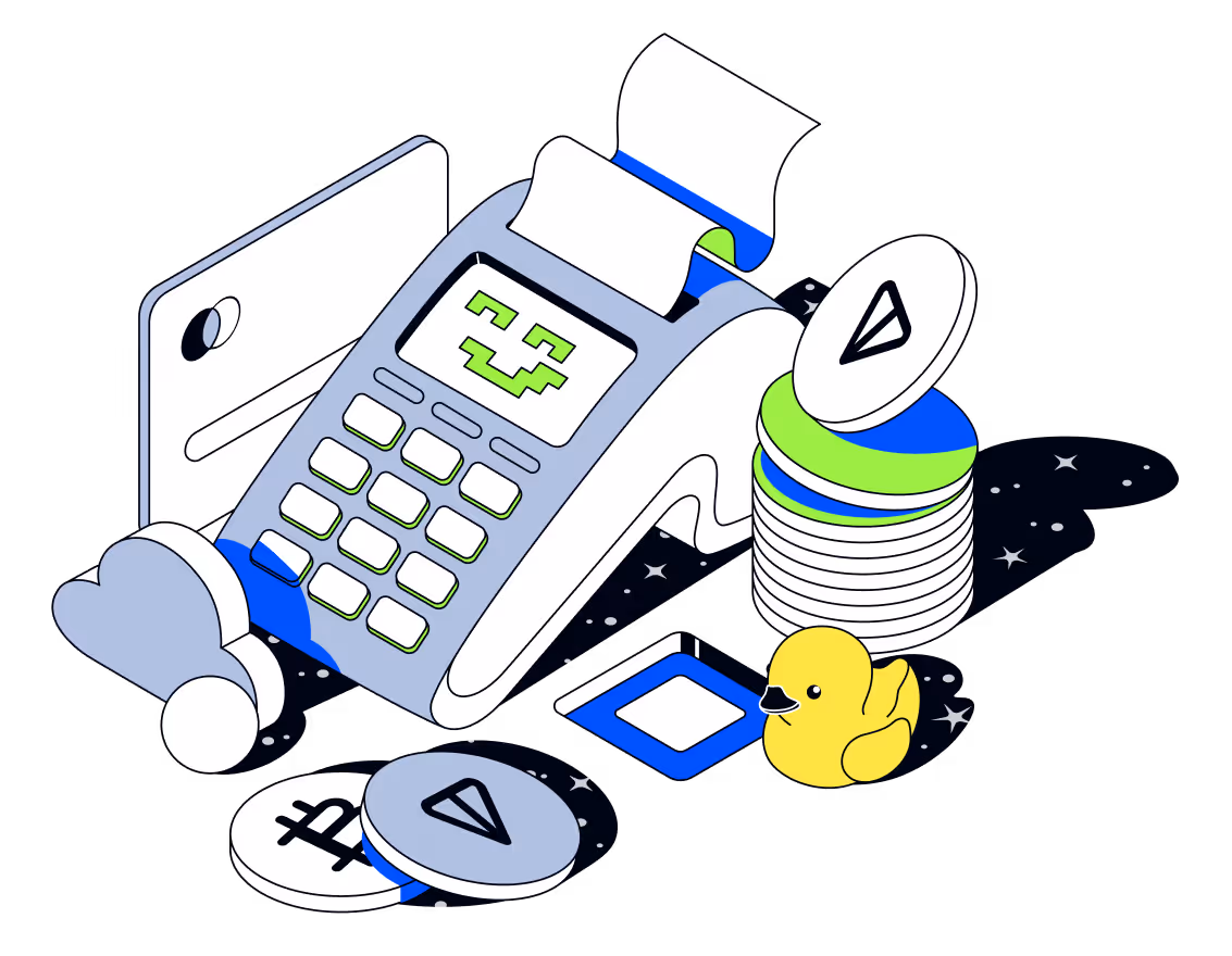 Illustration of a smiling point-of-sale terminal with a receipt, surrounded by crypto coins, a credit card, a yellow rubber duck, and a cloud with connected dots.