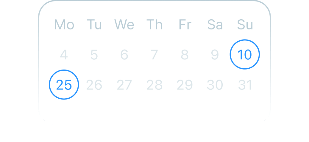 Calendar grid showing days Monday to Sunday with dates 4 to 31, highlighting Sunday the 10th and Monday the 25th in blue circles.