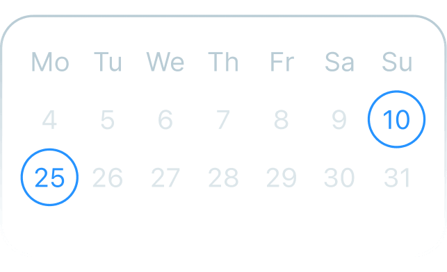 Calendar grid showing days Monday to Sunday with dates 4 to 31, highlighting Sunday the 10th and Monday the 25th in blue circles.