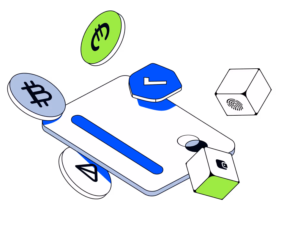 Illustration of a digital wallet surrounded by floating cryptocurrency symbols and security icons, including a fingerprint and a lock.