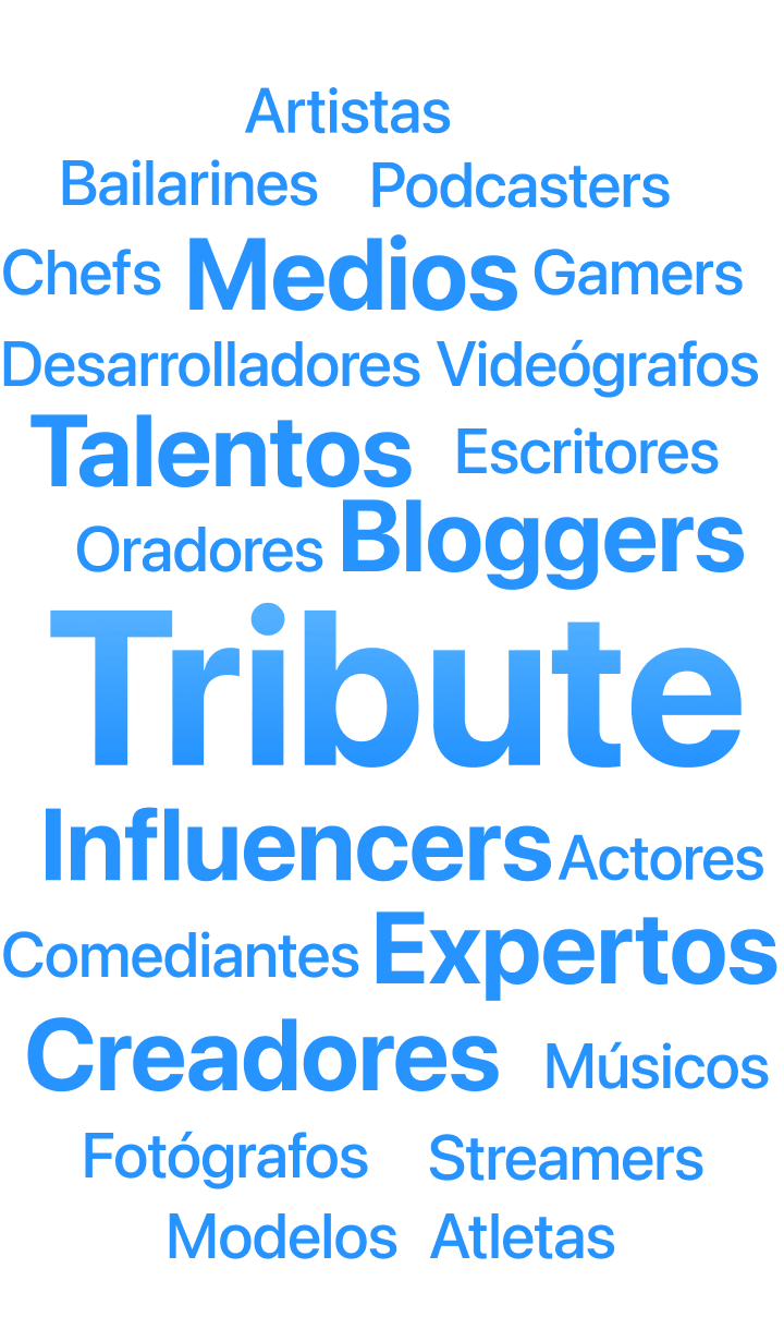 A word cloud of creative professions and categories: bloggers, influencers, creators, experts, musicians, photographers, with an emphasis on "Tribute."
