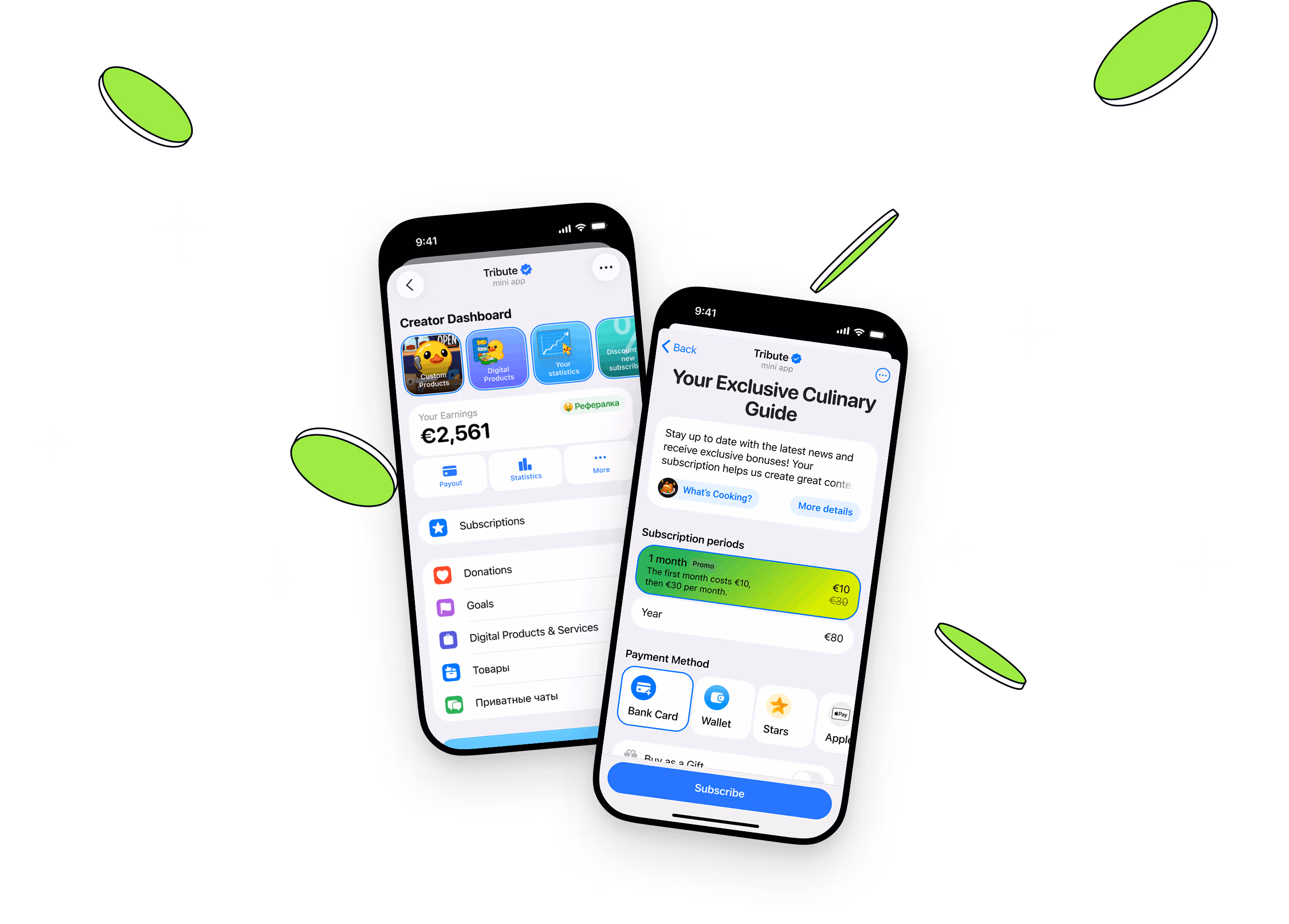 Two mobile phones display screens of the Tribute app, featuring the author's profile and a menu for subscribing to the cookbook.