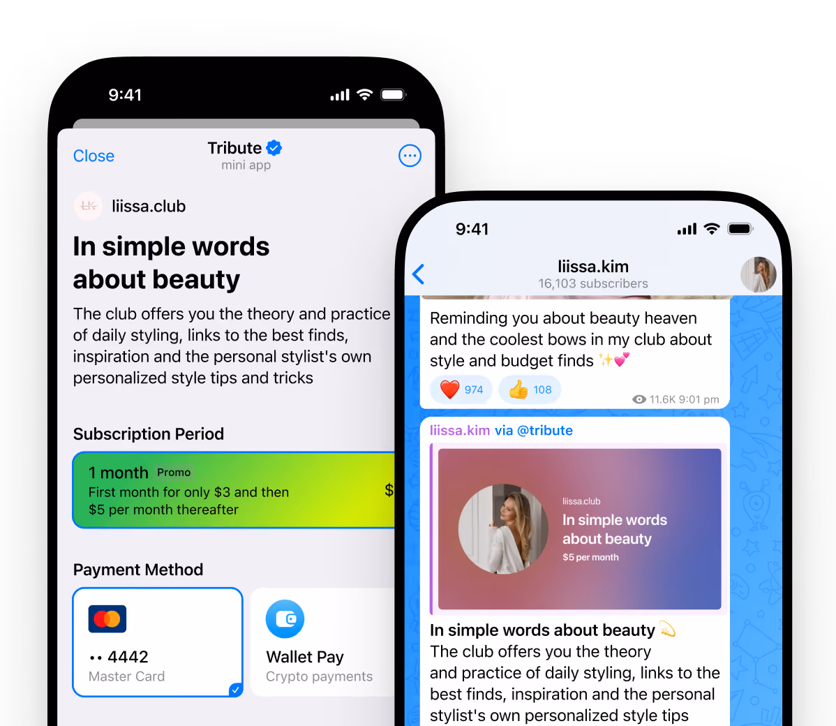 Two smartphone screens showing a beauty club subscription with styling tips, prices, and payment options.